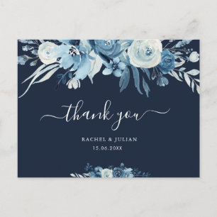 Lovely script blue floral wedding thank you postcard