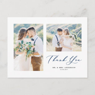 Lovely Script Blue Two Photo Collage Thank You Postcard