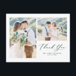 Lovely Script Green Two Photo Collage Thank You Postcard<br><div class="desc">Send thanks to family and friends for being part of your special day with this customisable photo collage thank you postcard. It features a simple script and typography. Personalised by adding your own details and featuring your favourite wedding photos.</div>