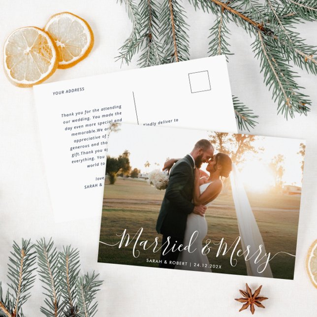 lovely script holiday wedding announcement postcard (Creator Uploaded)