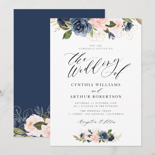 lovely script navy and blush pink wedding invitation (Front/Back)