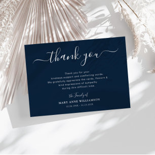 lovely script navy blue funeral thank you note
