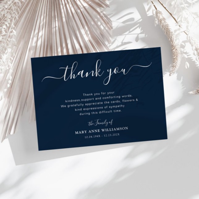 lovely script navy blue funeral thank you note card (Creator Uploaded)