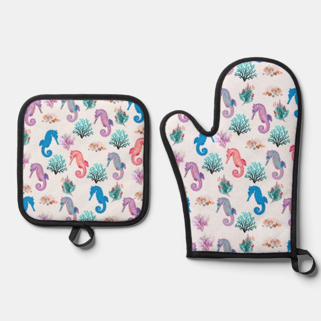 Lovely Seahorses Oven Mitt & Pot Holder Set (Front)