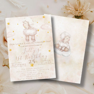 Lovely Sheep pinky cloud dust stars 1st Birthday Invitation