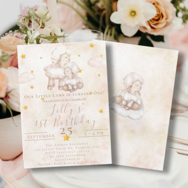 Lovely Sheep pinky cloud dust stars 1st Birthday Invitation (Creator Uploaded)