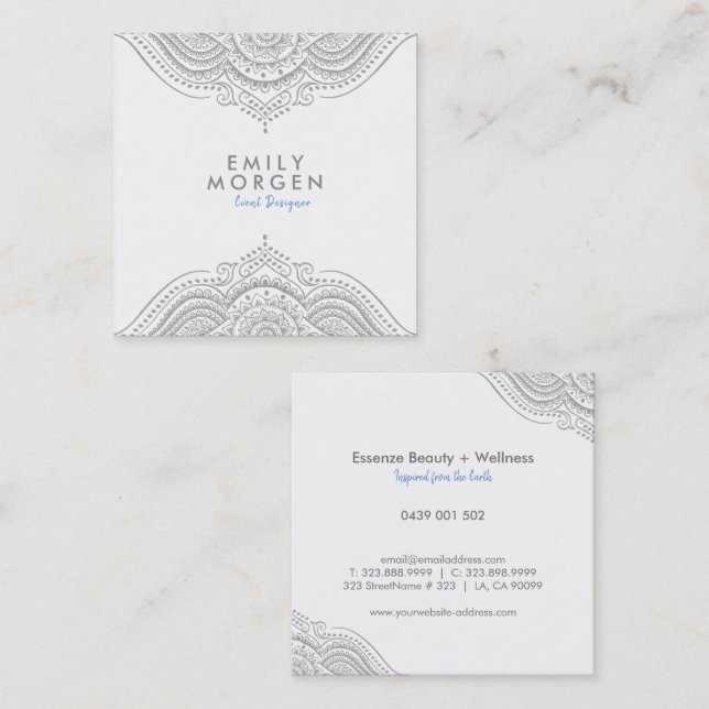 Lovely Silver-Grey Paisley Mandala Square Business Card (Front/Back)
