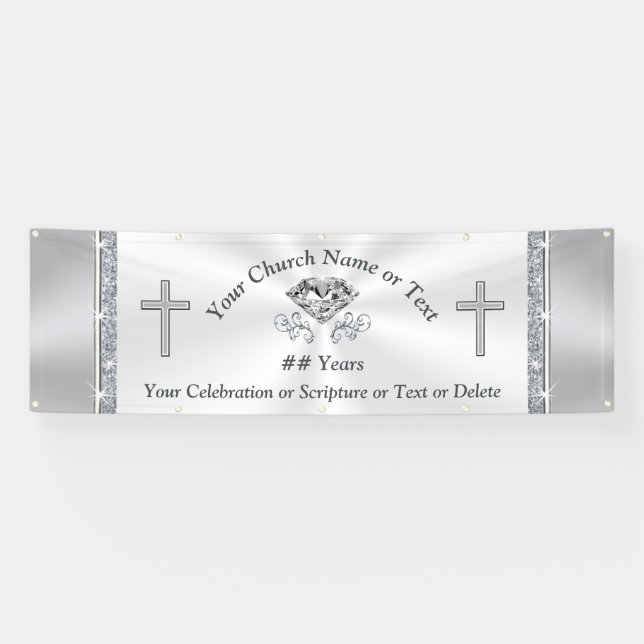 Lovely Silver White Diamond Custom Church Banners (Horizontal)