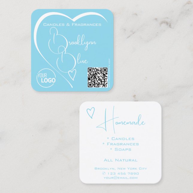 Lovely Sky Blue and White Heart with Logo QR Code Square Business Card (Front/Back)