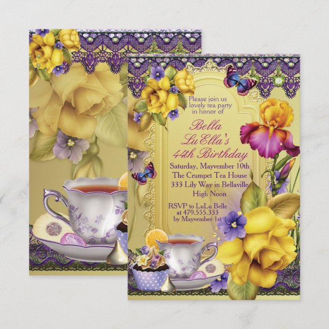 Lovely Spring Tea Party Birthday Party Invitations (Front/Back)