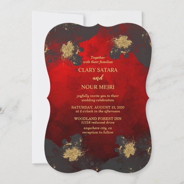 Lovely, stylish red, grey  and gold wedding invitation (Front)