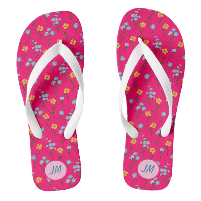 Lovely Summerflowers Pink Yellow Blue + Monogram  Flip Flops (Footbed)