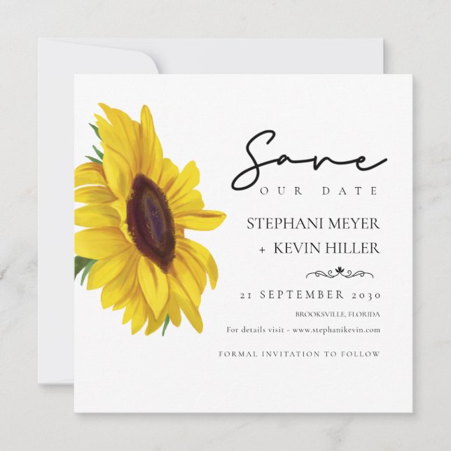 Lovely Sunflower Elegant Script Wedding Save The Date (Front)
