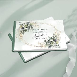 Lovely Sweet 16 dusty green watercolor foliage Guest Book