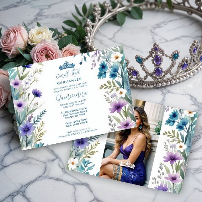 Lovely Sweet Floral Garland Spanish Photo Mis XV I Invitation (Spanish Charming Sweet Floral Garland Spanish Photo Mis XV Años Teal & Lilac Invitations Cards.)