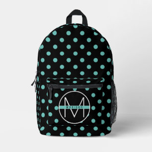 Lovely Teal Green Polka Dots Monogram Name Kids Printed Backpack