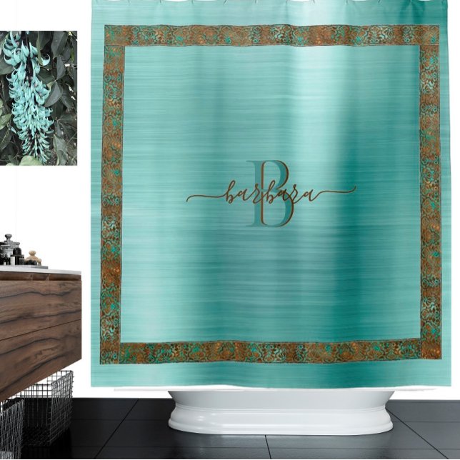 Lovely Teal with Unique Border Custom Monogram    Shower Curtain (Creator Uploaded)