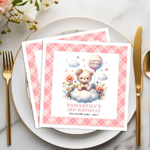 Lovely teddy bear balloon blush flower birthday napkin