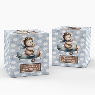 Lovely Teddy Bear Pilot Blue Baby Favor Box