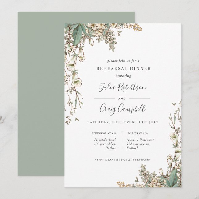Lovely Tiny Bellflowers Whimsical Rehearsal Dinner Invitation (Front/Back)