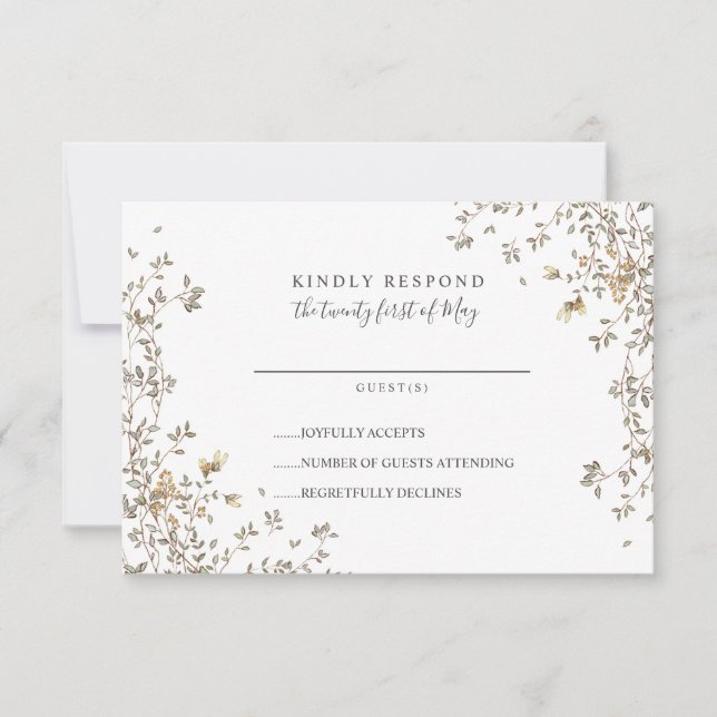 Lovely Tiny Green leaves Whimsical  Wedding RSVP (Front)