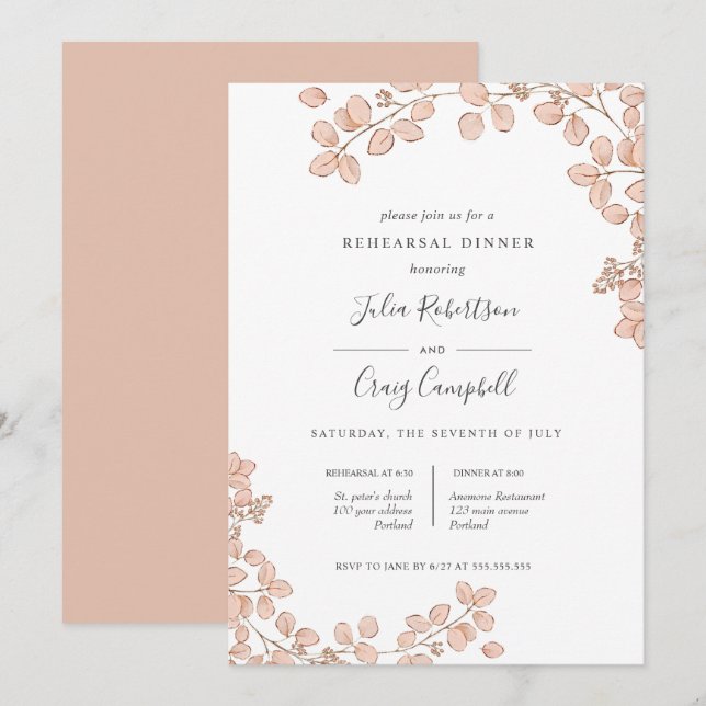 Lovely Tiny leave pink Whimsical Rehearsal Dinner Invitation (Front/Back)