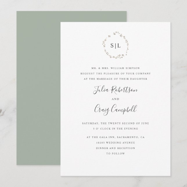 Lovely tiny leaves formal monogram wedding invitation (Front/Back)