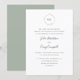 Lovely tiny leaves formal monogram wedding invitation