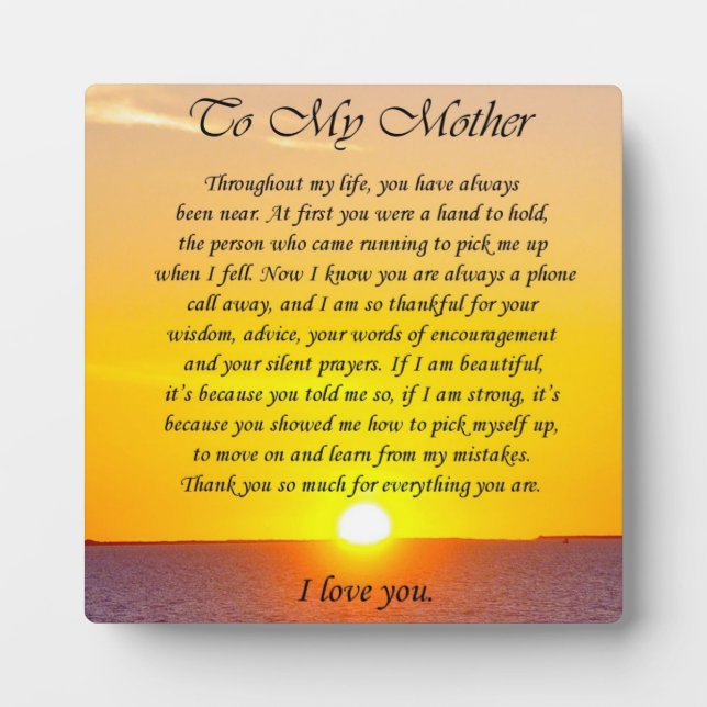 Lovely "To My Mother" Thank You Poem Plaque (Front)