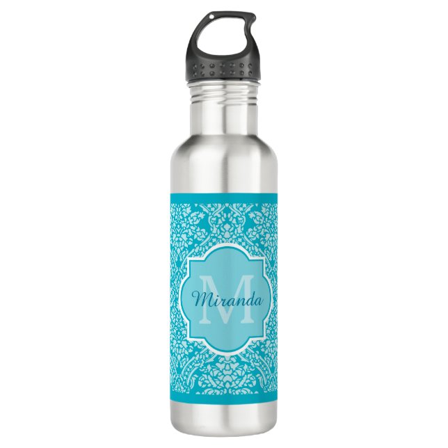 Lovely Turquoise Damask Pattern Monogram With Name 710 Ml Water Bottle (Front)