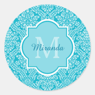 Lovely Turquoise Damask Pattern Monogram With Name Classic Round Sticker