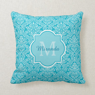 Lovely Turquoise Damask Pattern Monogram With Name Cushion