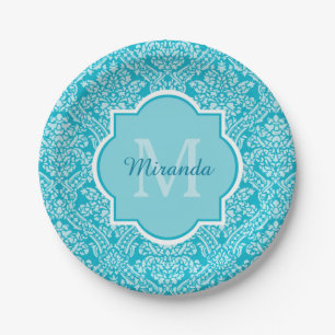 Lovely Turquoise Damask Pattern Monogram With Name Paper Plate