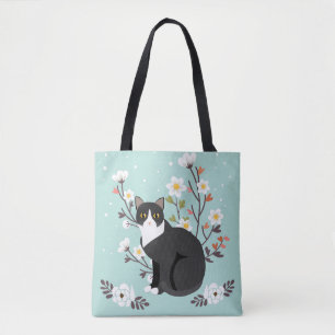 Lovely Tuxedo Cat in Flowers All-Over-Print Tote Bag