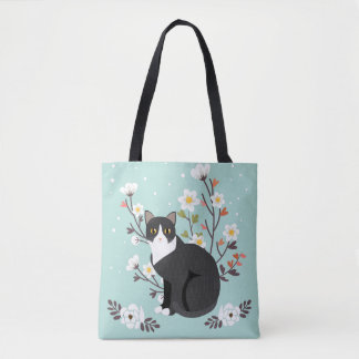 Lovely Tuxedo Cat in Flowers All-Over-Print Tote Bag