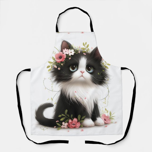 Lovely Tuxedo Kitten with Flowers Apron (Front)