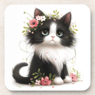 Lovely Tuxedo Kitten with Flowers Coaster
