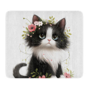 Lovely Tuxedo Kitten with Flowers Cutting Board