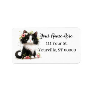 Lovely Tuxedo Kitten with Flowers  Label
