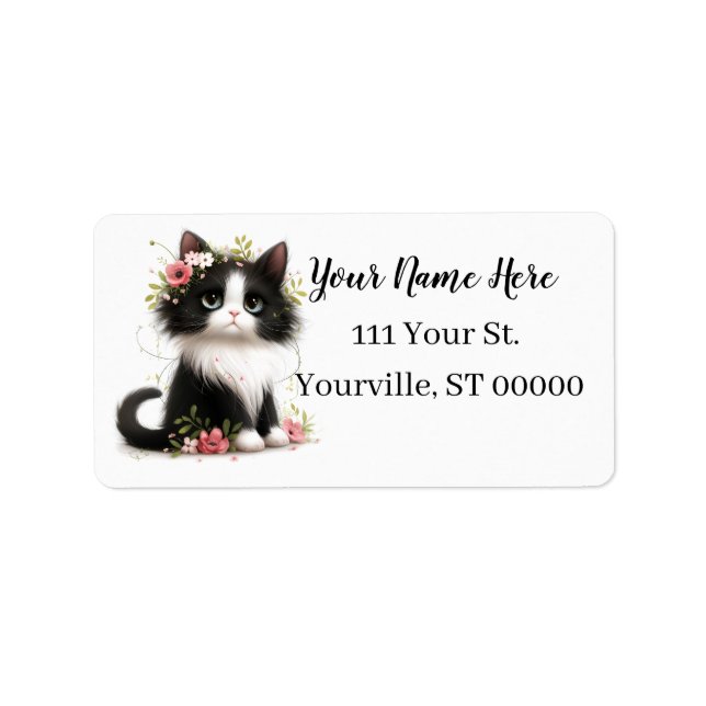 Lovely Tuxedo Kitten with Flowers  Label (Front)