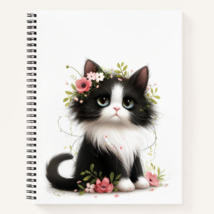 Lovely Tuxedo Kitten with Flowers Notebook