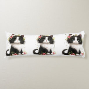 Lovely Tuxedo Kitten with Flowers Throw Pillow