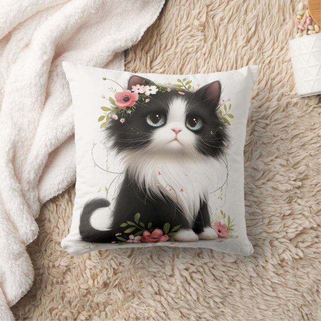 Lovely Tuxedo Kitten with Flowers Throw Pillow (Blanket)