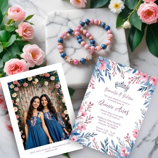 Lovely Twins Botanical Frame Tiara Spanish Photo  Invitation (Lovely Twins Sisters Botanical Frame Spanish Photo Mis XV Invitations Cards in Blue & Pink Tiara)