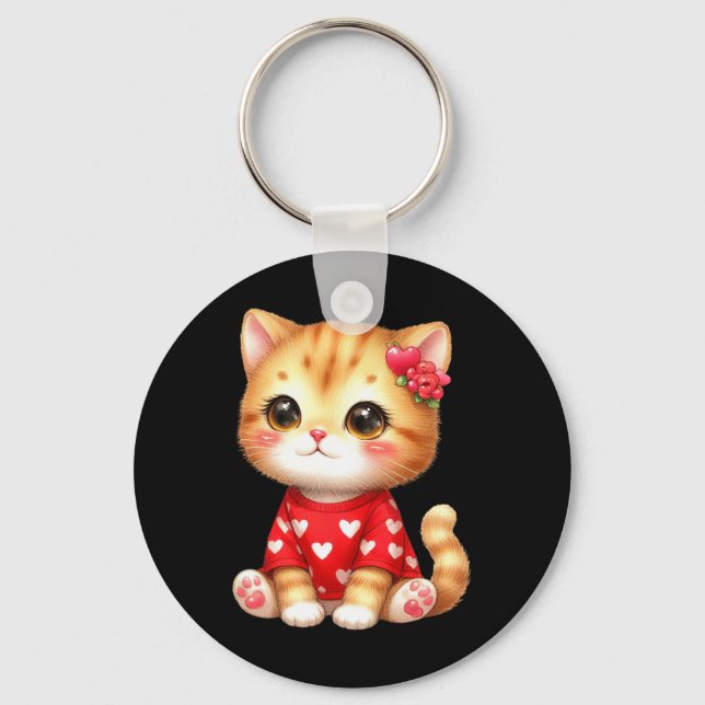 Lovely Valentine Cat Kitten With Heart  Key Ring (Front)
