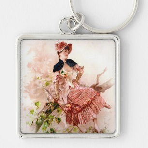 Lovely Vintage Lady In Pink Dress Key Ring