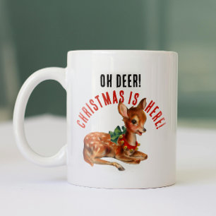 Lovely Vintage Red And White Christmas Reindeer   Two-Tone Coffee Mug
