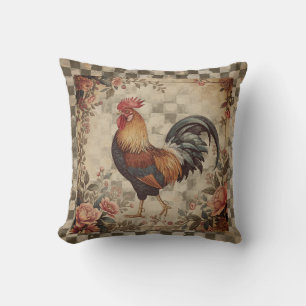 Lovely Vintage Rooster ,Flowers Pattern, Checke Cushion