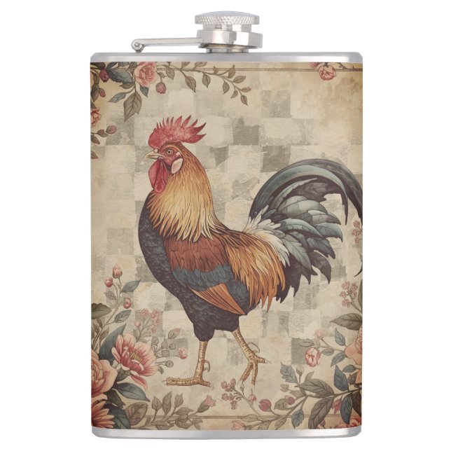 Lovely Vintage Rooster ,Flowers Pattern, Checke Hip Flask (Front)