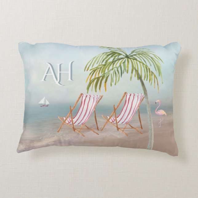 Lovely Watercolor Beach Scene Custom Monogram Decorative Cushion (Back)